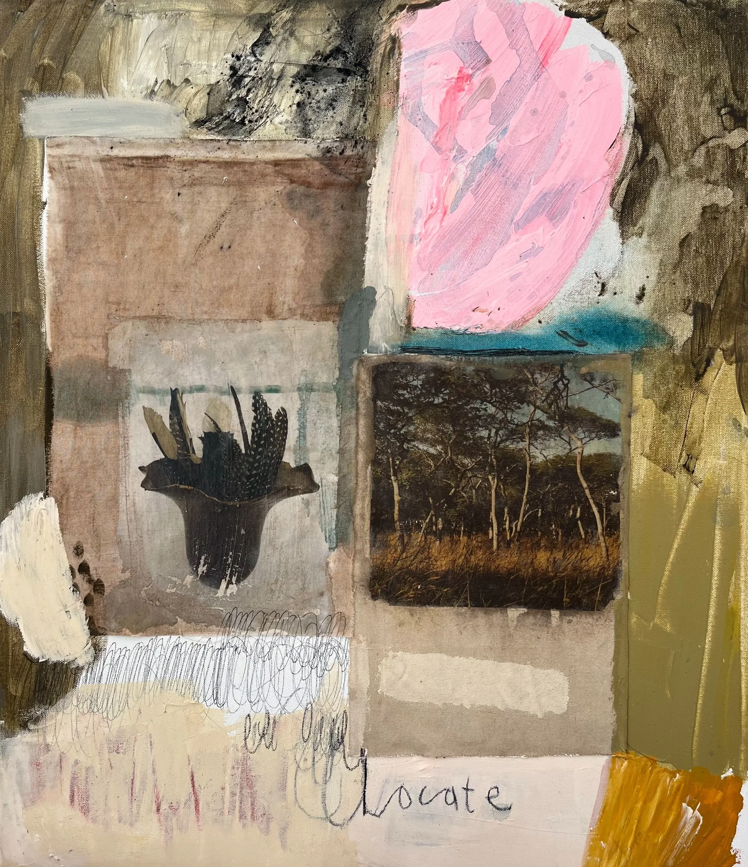 Grounded III, 2025, Mixed media, photography and textile on canvas, 45cm x 55cm - framed
$800