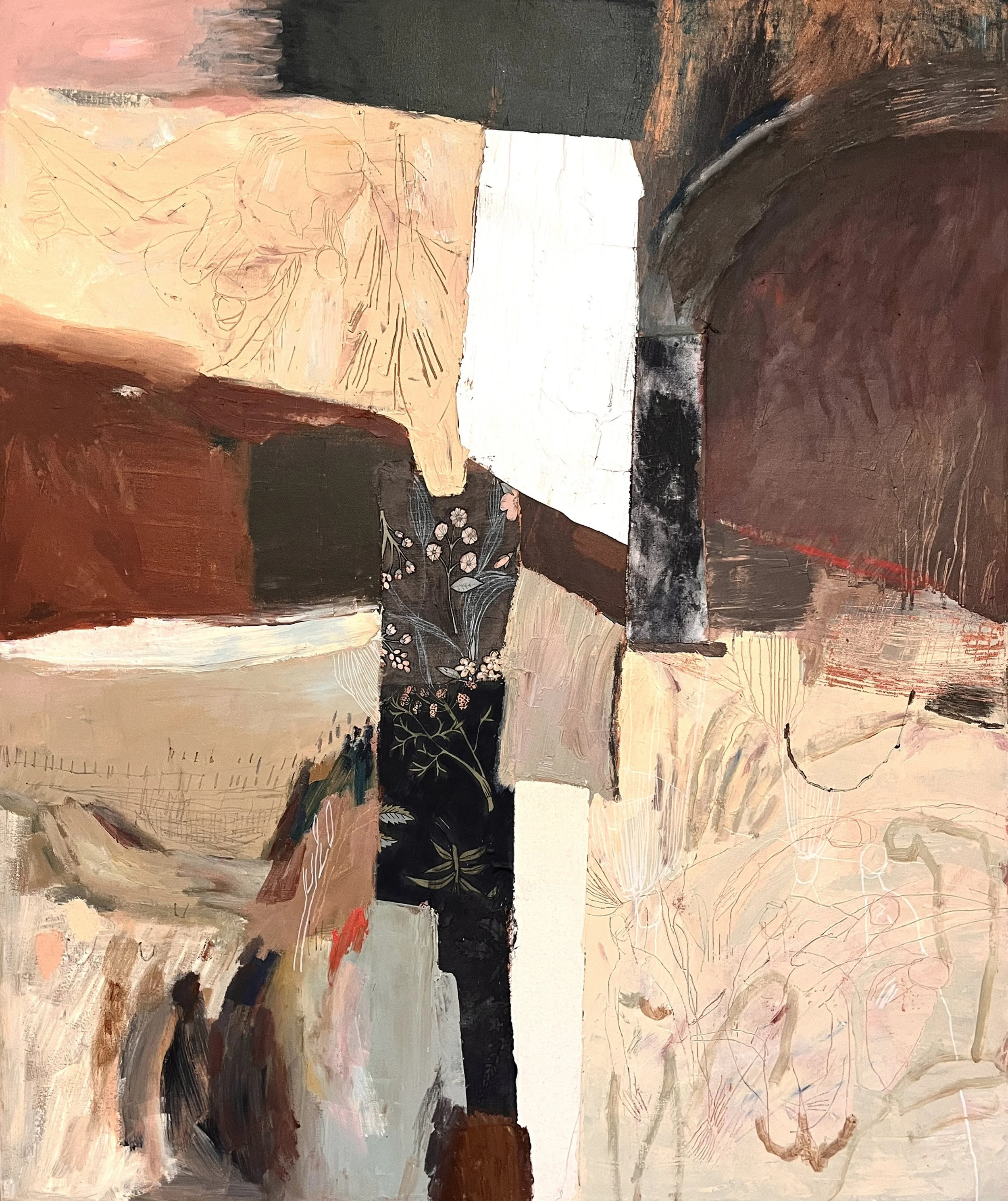 Making Room, 2026, Mixed media and textile on canvas, 135x 150cm
