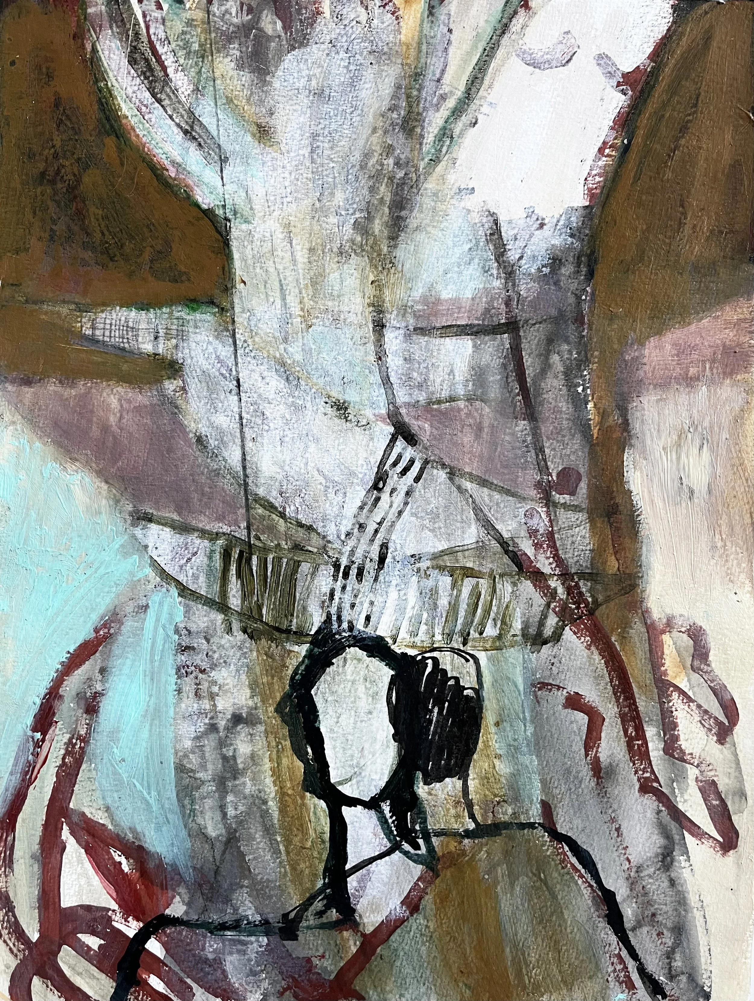 Retrieval, 2025, red oxide, acrylic & oil pastel on hahnemuhle, 30cm x 40cm