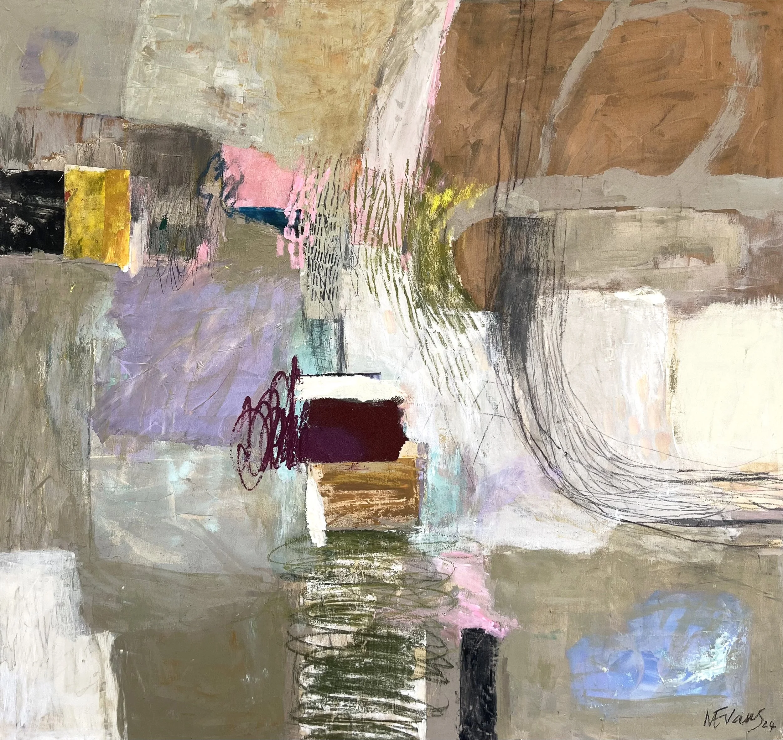 Gardens Or Graveyards? 2024, Acrylic, oil pastel, textile and sandpaper on canvas - 112 x 105cm