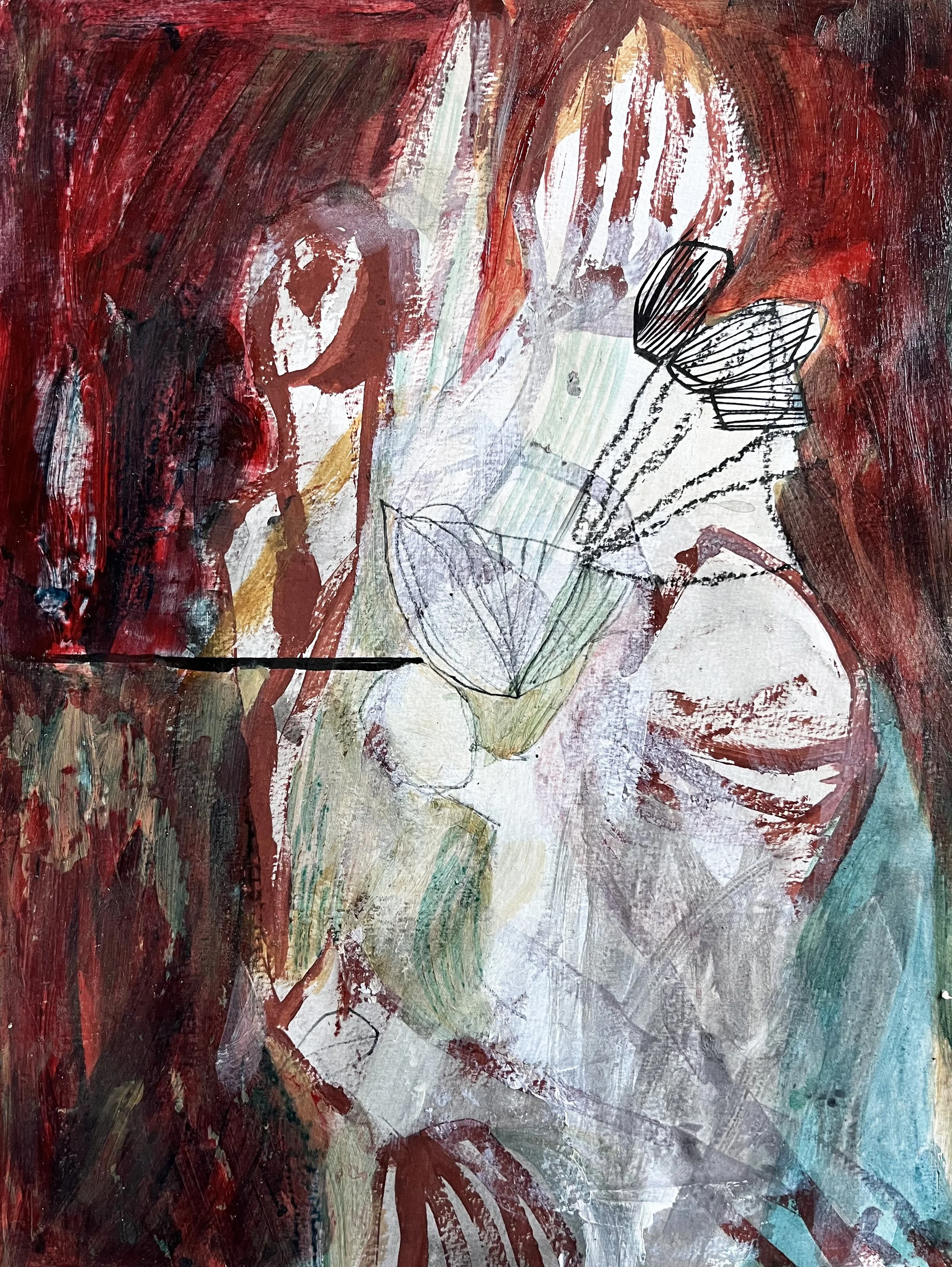 Fleeting, 2025, red oxide, acrylic & oil pastel on hahnemuhle, 30cm x 40cm 
