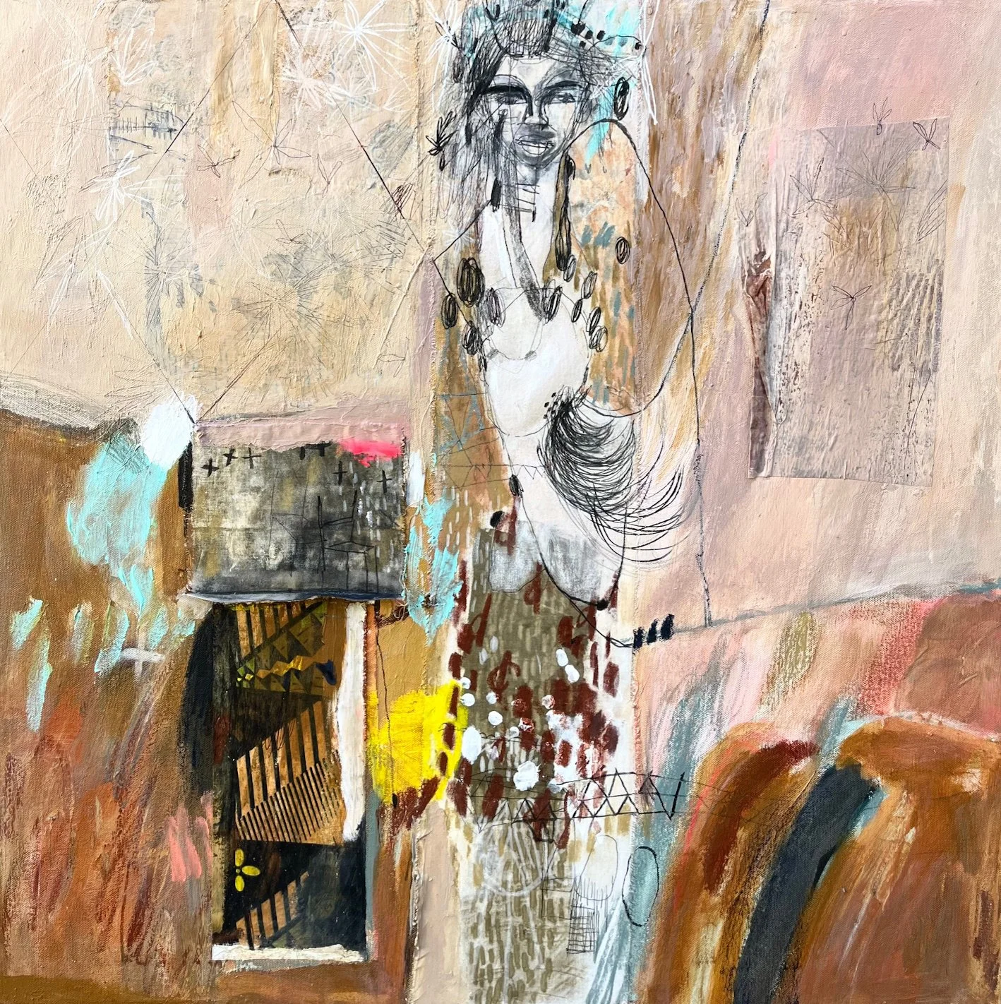 Alive, 2025, Mixed media and textile on canvas, 71 x 71cm 