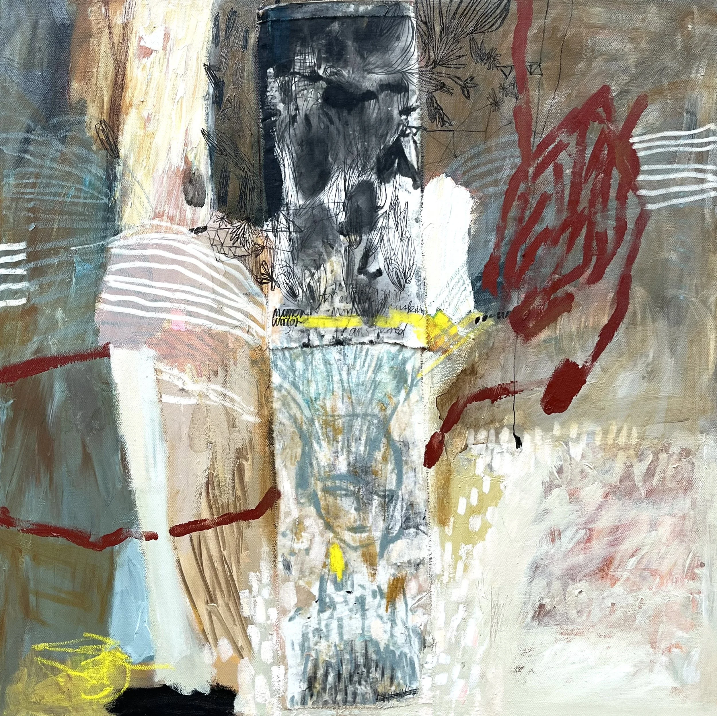 Shadows Into Light, 2025, Mixed media and textile on canvas, 71 x 71cm 