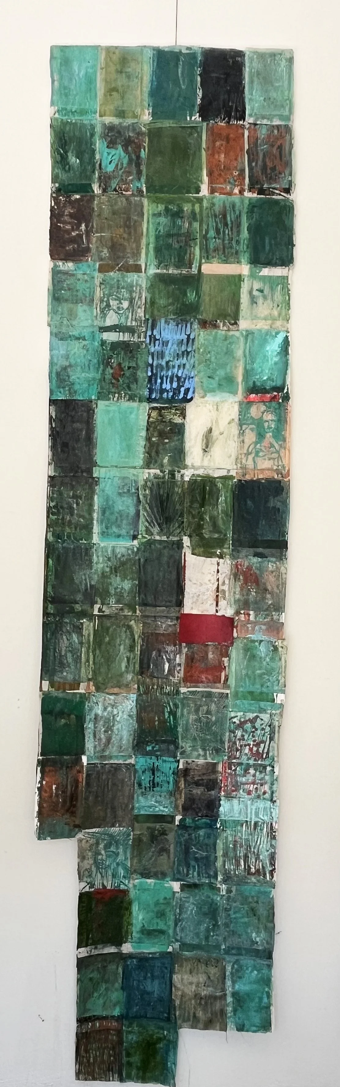 Renewal, 2025, ink & stitched recycled bedsheet textile, 63cm x 260cm 

Price on request