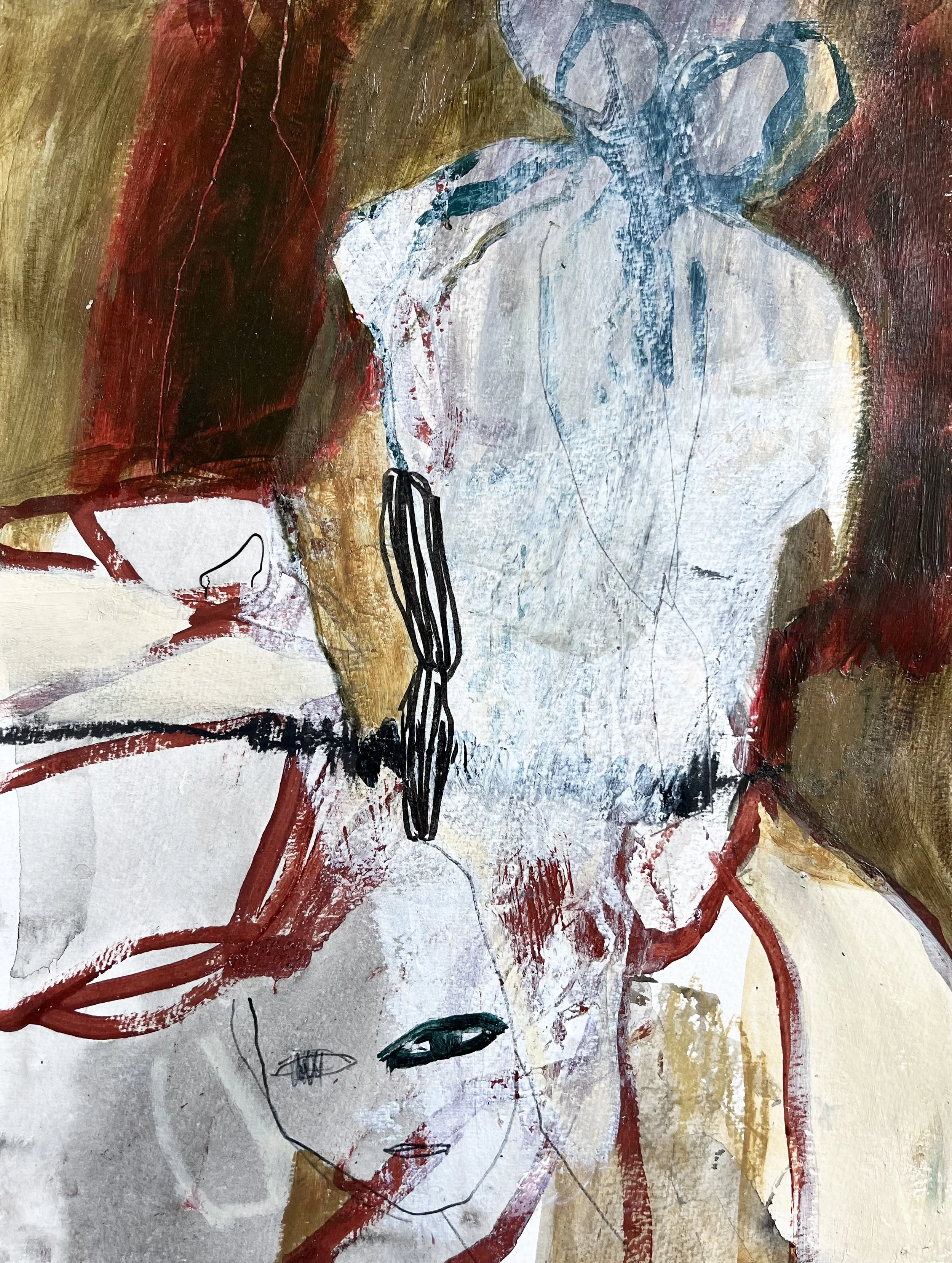 Echoes, 2025, red oxide, acrylic & oil pastel on hahnemuhle, 30cm x 40cm
