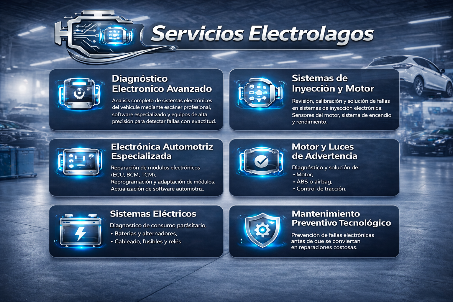 Infografía de servicios de electrónicas automotrices: diagnóstico avanzado de sistemas electrónicos, sistemas de inyección y motor, reparación de módulos electrónicos, diagnóstico de sistemas eléctricos, mantenimiento preventivo tecnológico, y diagnóstico y solución de luces de advertencia.