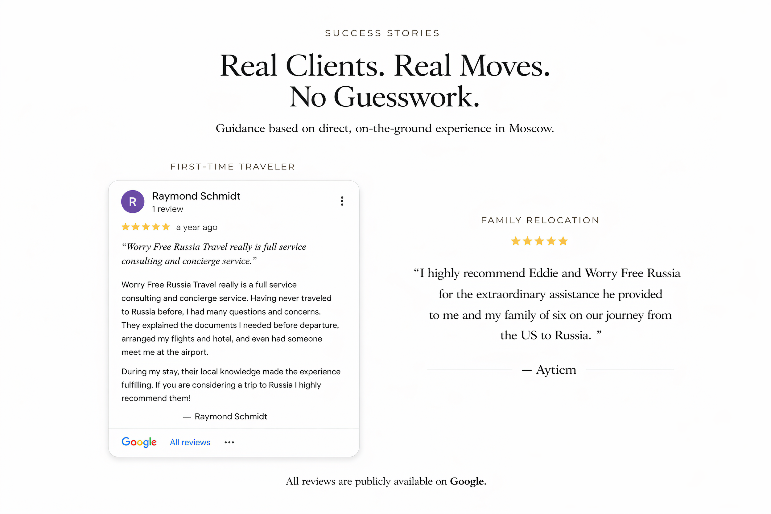 Review webpage with success stories about real clients and travel experiences, including client testimonials and star ratings.