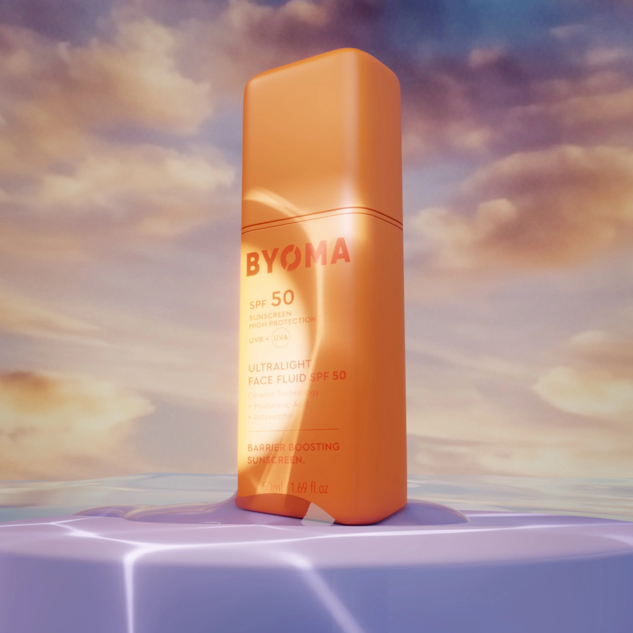 A cylindrical orange bottle of BYOMA skincare product stands on a purple reflective surface with a cloudy sky background.