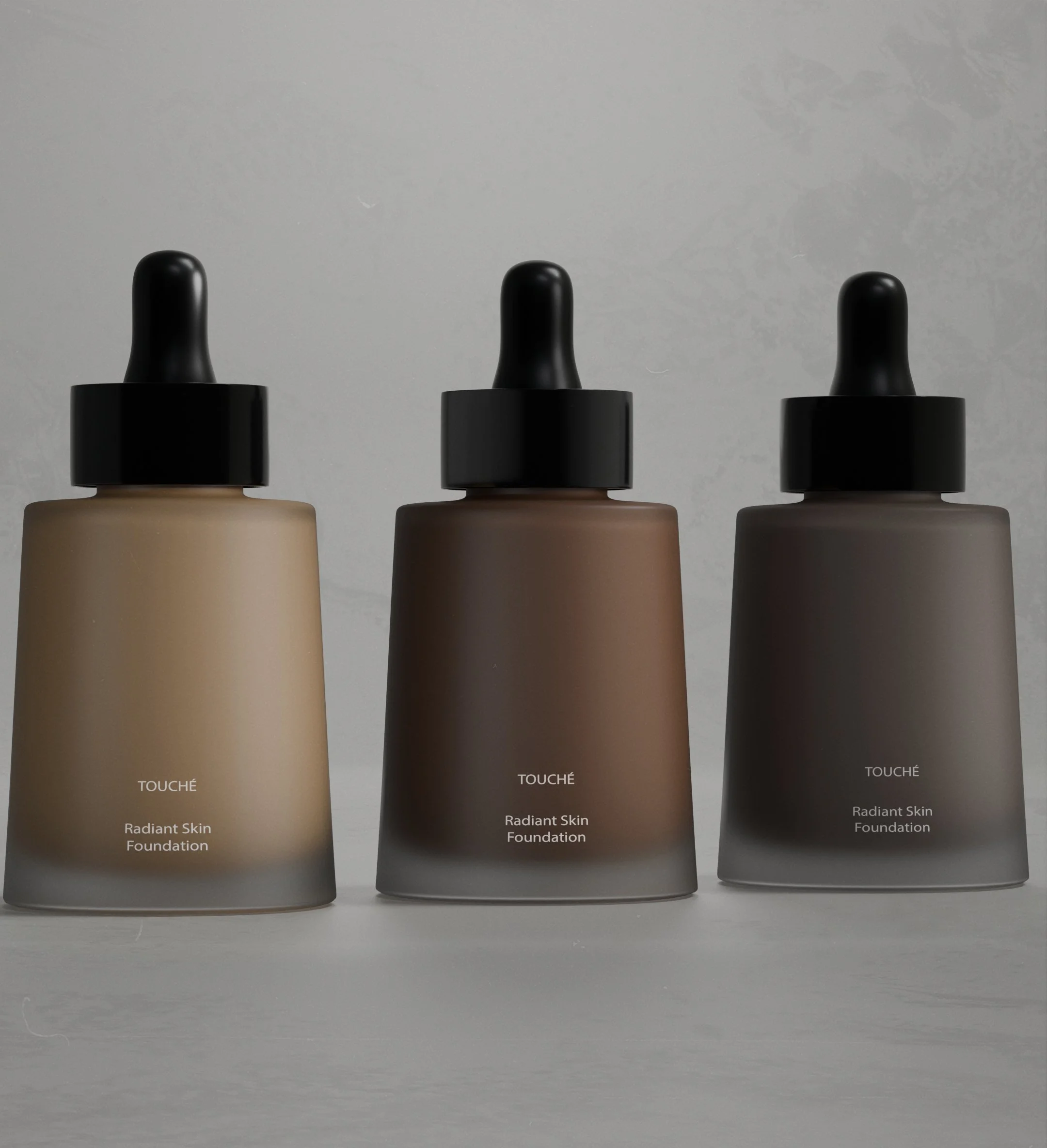 Three bottles of TOUCHO Radiant Skin Foundation in different shades, aligned side by side against a plain background.