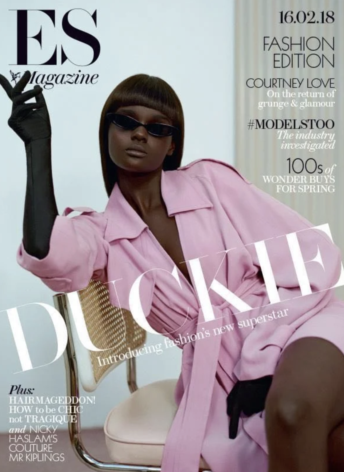 Fashion magazine cover featuring a woman in a pink outfit with sunglasses, sitting on a chair, with text about fashion, model industry, and spring fashion trends.
