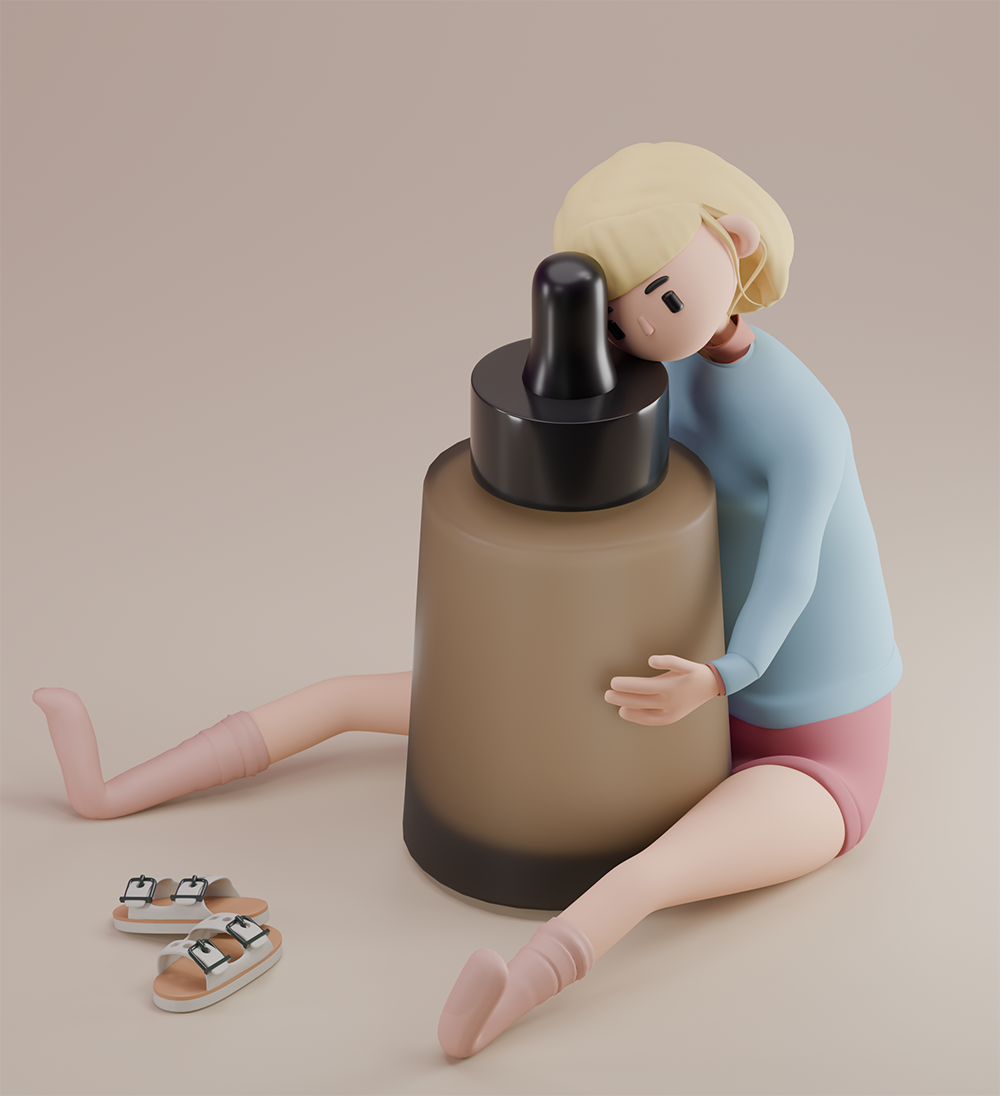 A stylized cartoon girl with blonde hair sitting on the floor, hugging a large bottle of nail polish, with a pair of sandals nearby.