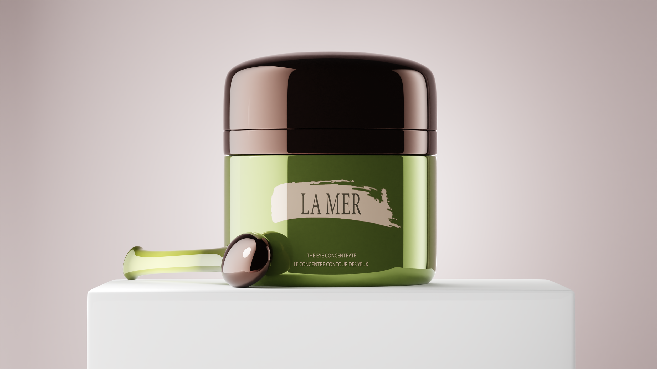 A green jar of La Mer eye concentrate cream with a silver applicator spoon resting on a white pedestal against a neutral background.