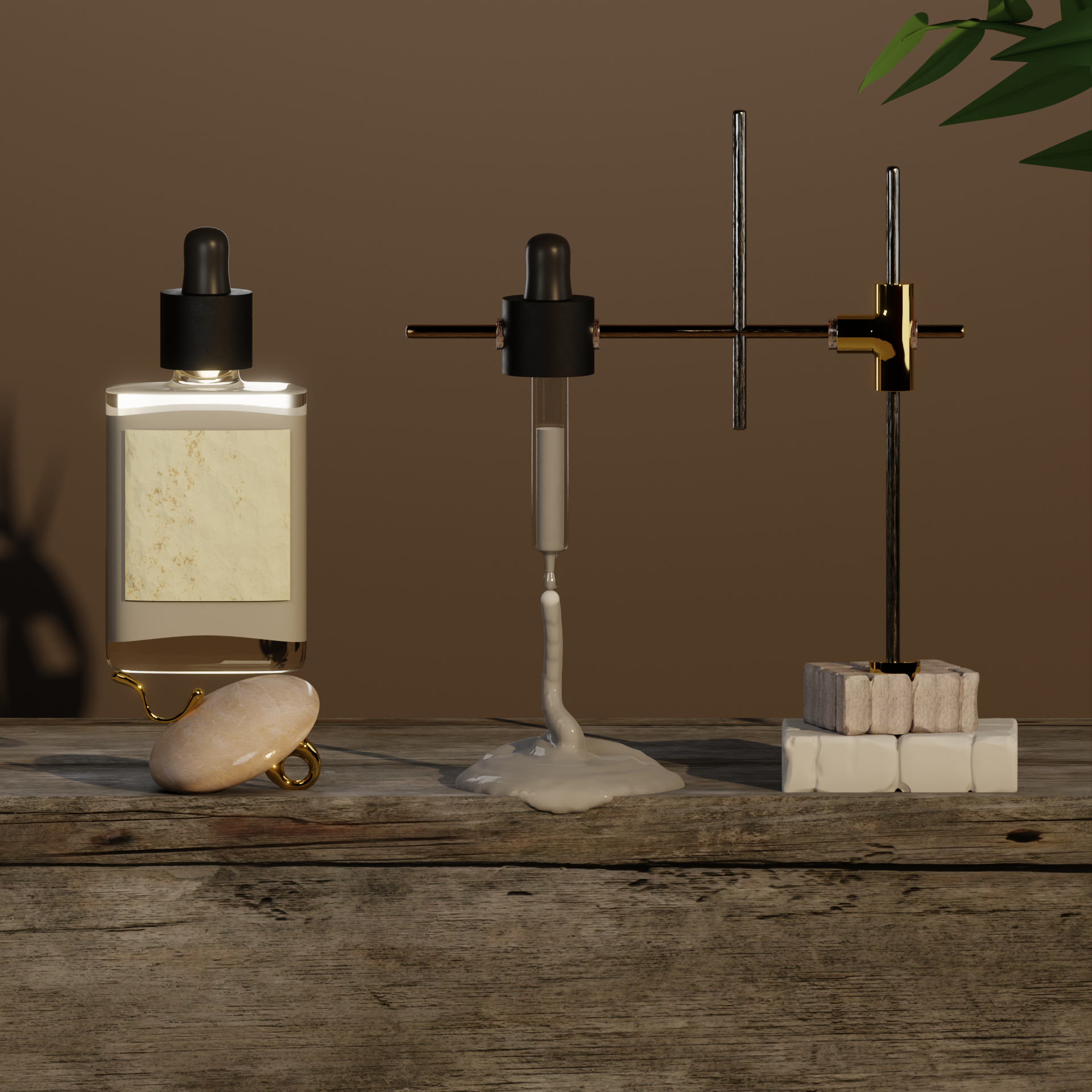 Scientific laboratory setup with glass containers, metal measurements tools, and decorative elements on a wooden surface.