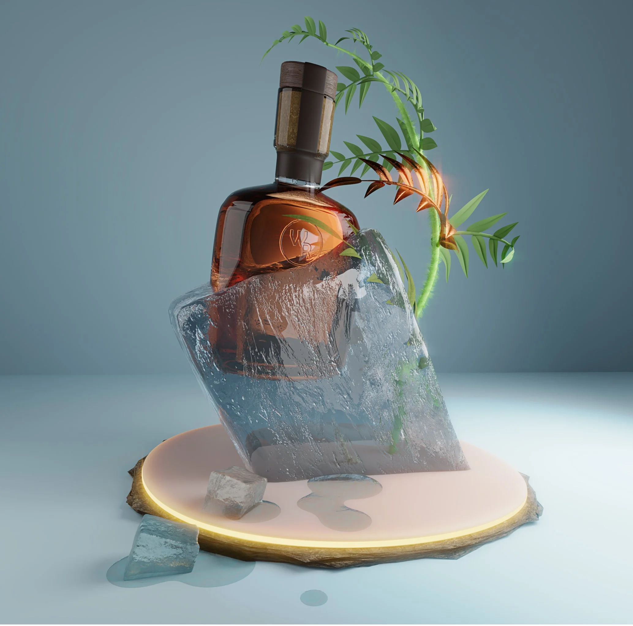 A glass bottle with a wooden cap, partly covered with green leaves, placed on a circular illuminated platform with abstract rocks and ice around it.