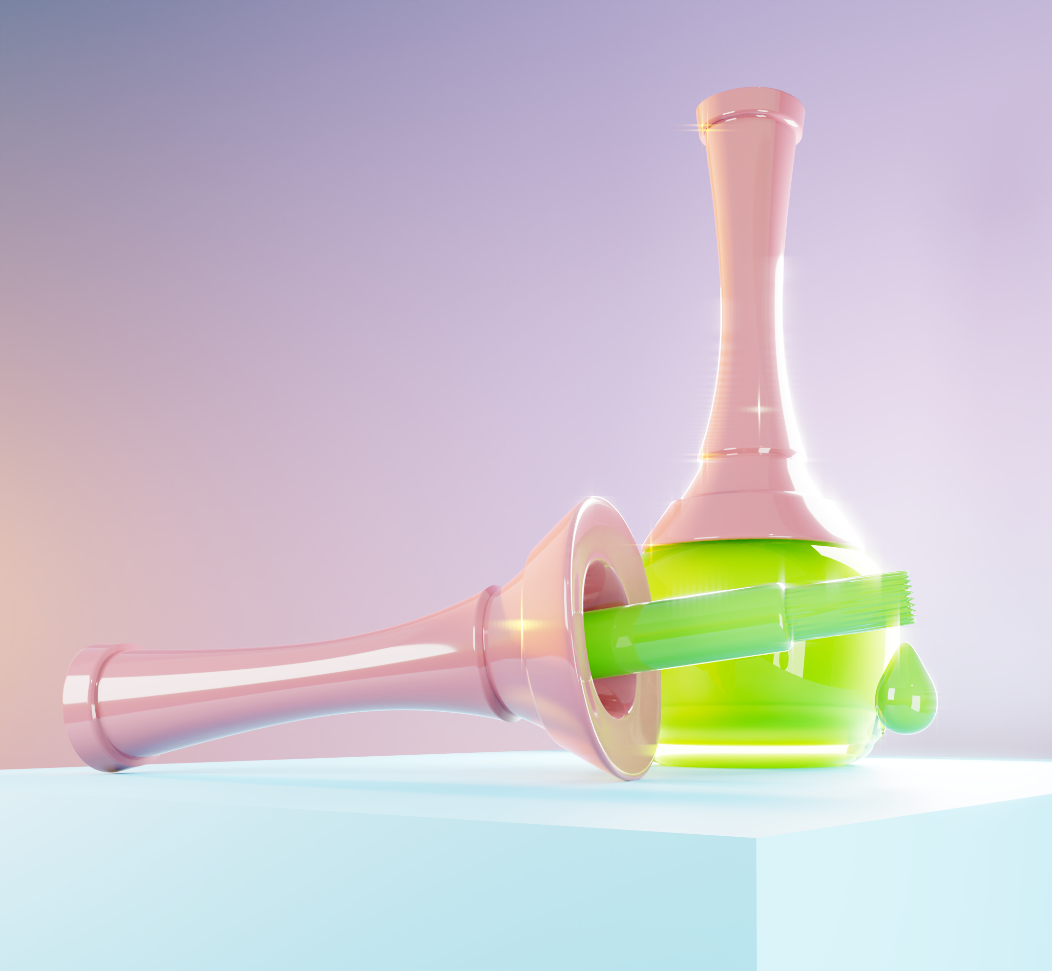 An abstract, stylized depiction of a pink and green object with smooth, curved surfaces and a transparent appearance, set against a pastel gradient background.