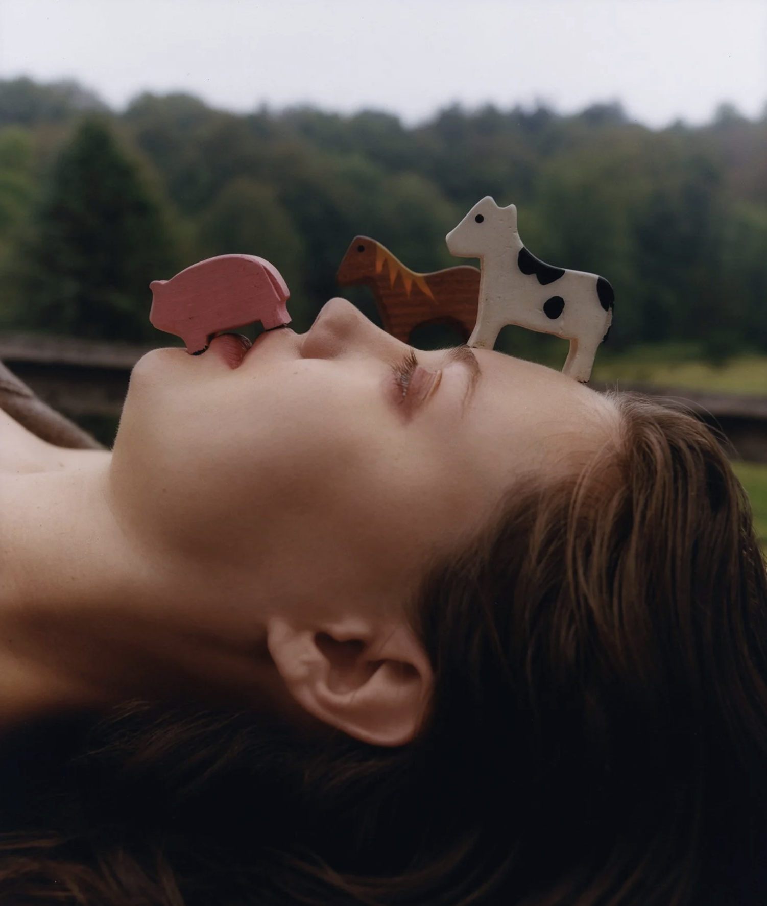 A woman with red hair is lying down with her eyes closed outdoors, and three small wooden animal figurines (a pig, a horse, and a cow) are balanced on her face near her nose.