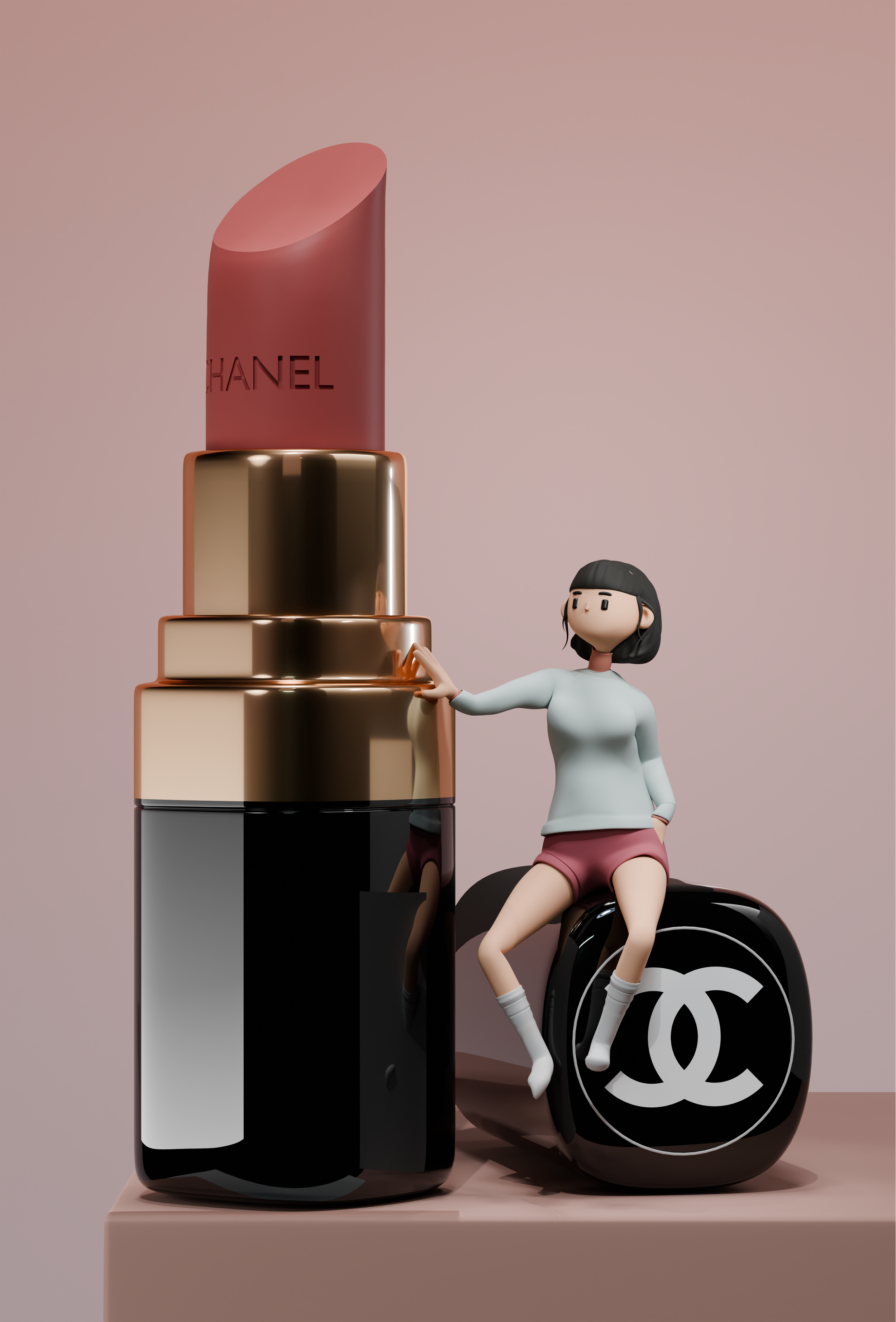 A small animated girl with black hair and a white sweater sitting on a black bag with a white Chanel logo, next to a large makeup lipstick with the word 'Chanel' on it, and a black and white Chanel box, all set against a pink background.