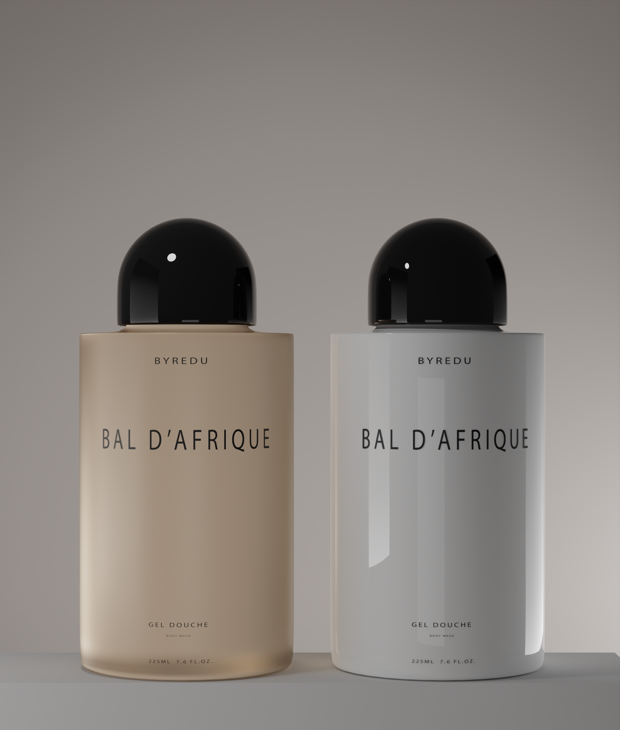 Two BYREDU Bali D'Africa body wash bottles, one in beige and the other in white, are placed side by side against a neutral background. Each bottle has a shiny black cap and minimal black text displaying the brand and product information.