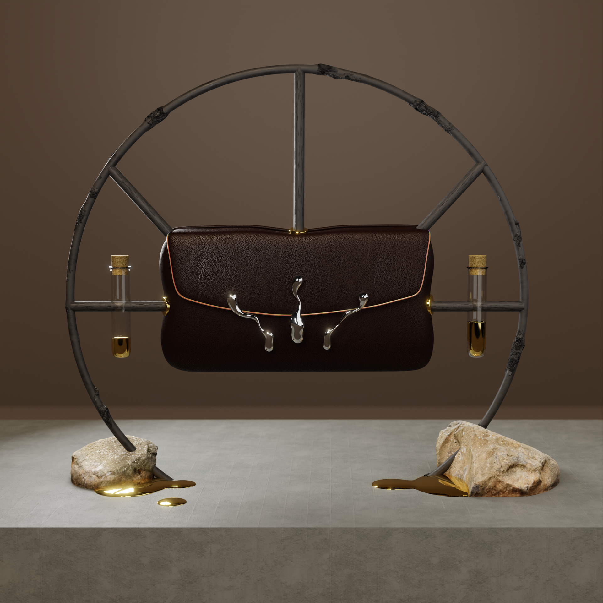 A metallic sculpture featuring a partial circular frame with two bent, black rods extending from its sides, positioning a dark brown leather case in the center, supported by two rocks at the bottom, with golden accents and liquid spilling from the ca