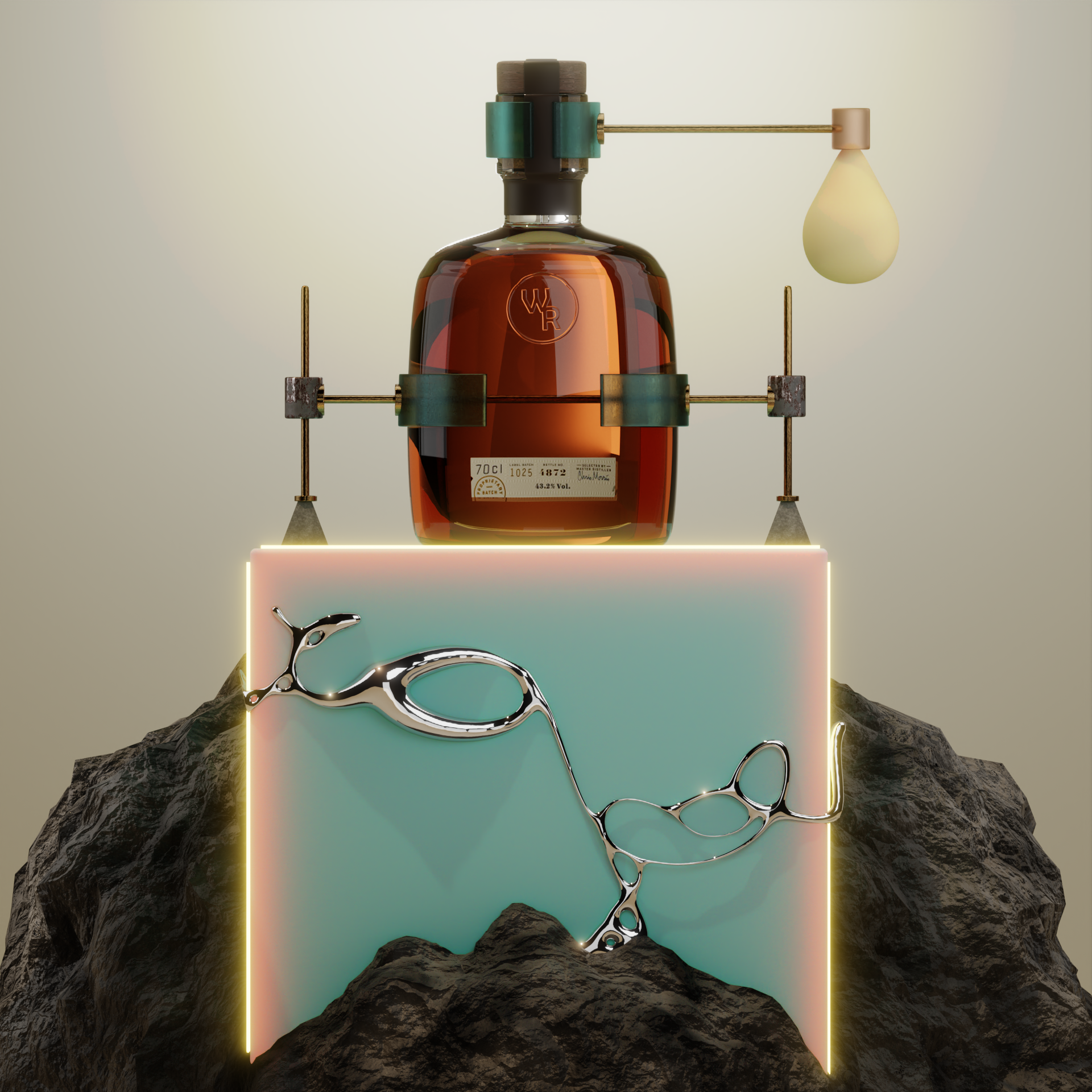 A large amber glass bottle with the initials 'WR' embossed on it, sitting on a reflective surface amidst rocky terrain with digital glowing vertical lines on either side. There is a metallic rod with a droplet-shaped object to the right of the bottle