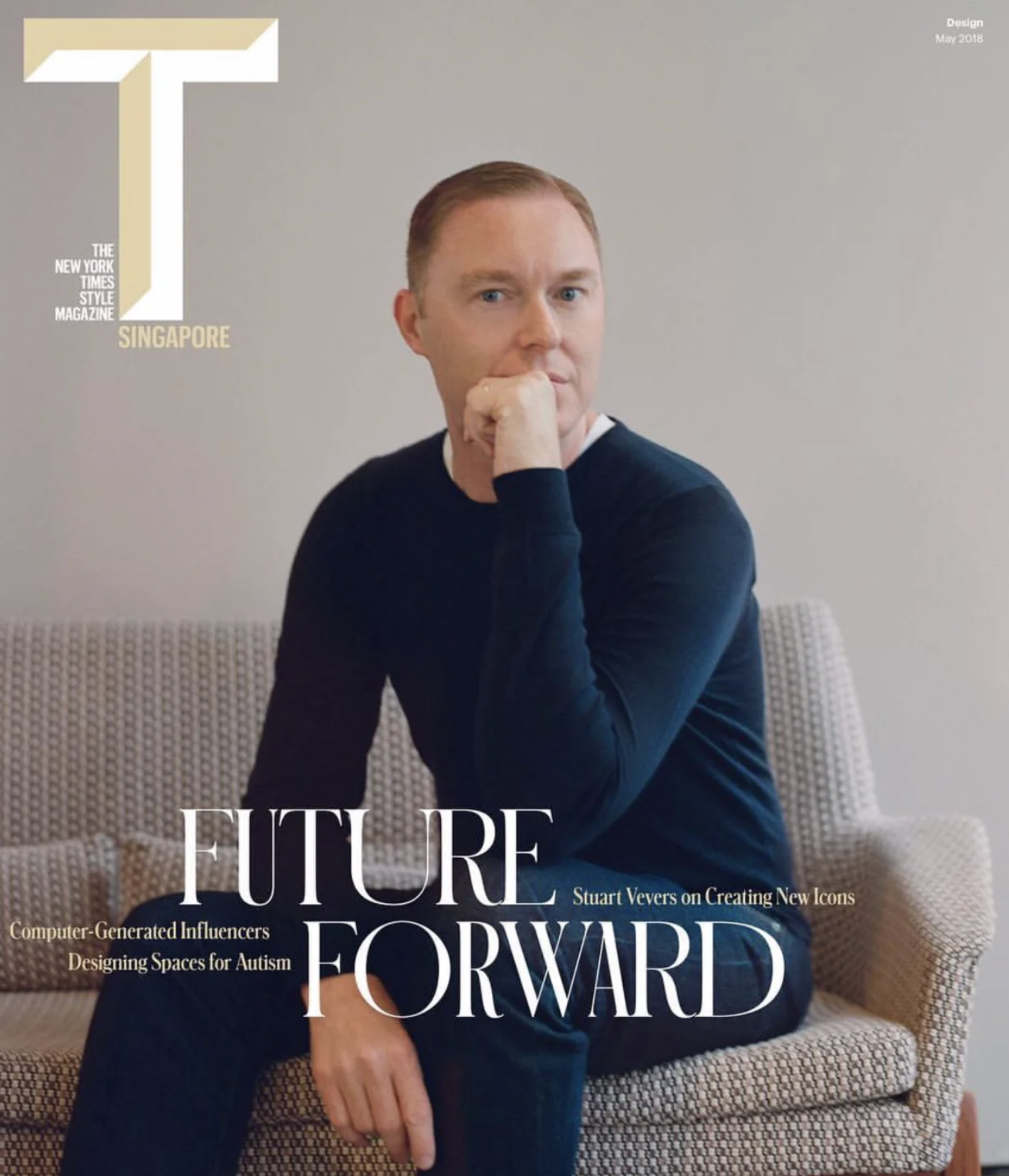 Cover of a magazine with a man sitting on a patterned chair, wearing a black long sleeve shirt, with the title 'Future Forward' and smaller text about influencing and designing spaces for autism.