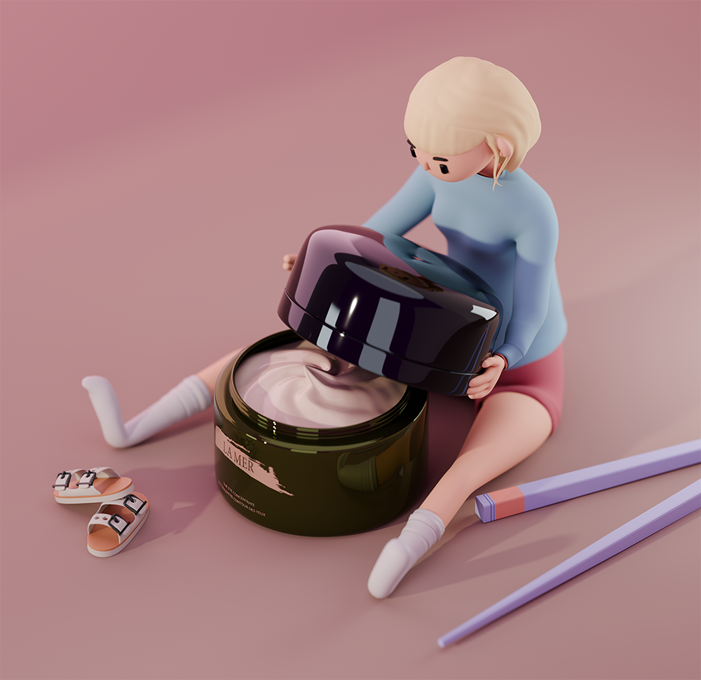A cartoon-style girl sitting on the floor with her legs apart, opening a black container of La Mer cream, with a somewhat surprised expression.