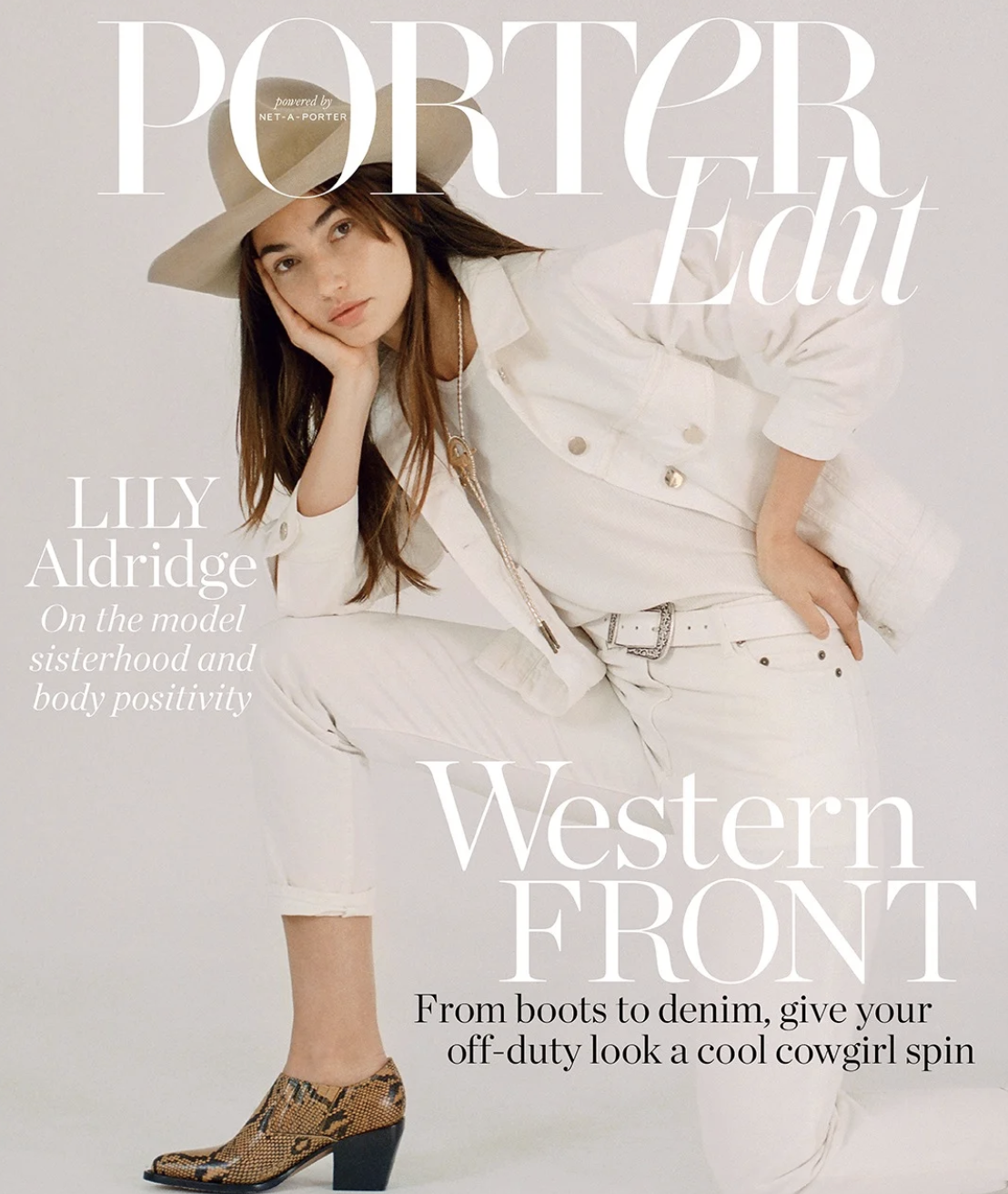 Cover of a fashion magazine featuring Lily Aldridge dressed in white, wearing a wide-brimmed hat, sitting with one hand supporting her chin, and wearing snake-print ankle boots. The magazine headline reads "Porter Edt" and discusses Western fashion s