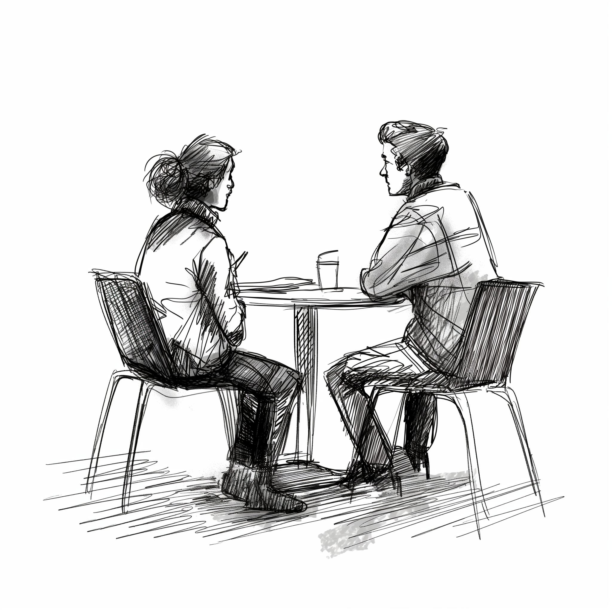 Twee mensen zitten aan een tafel, ze praten met elkaar.