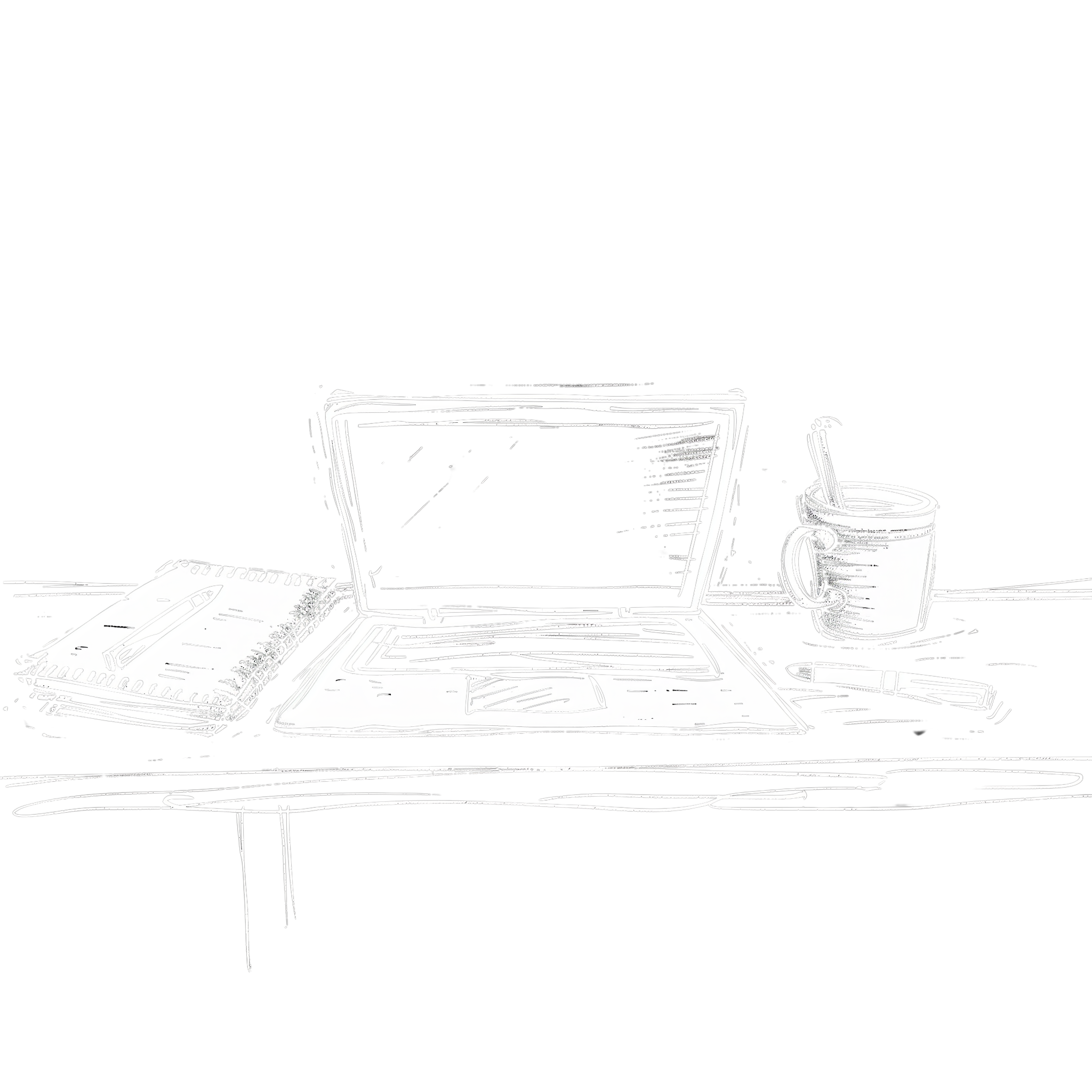 Een schets van een bureautafel met een open laptop, een notitieboek en pen, en een mok met een lepel erin.