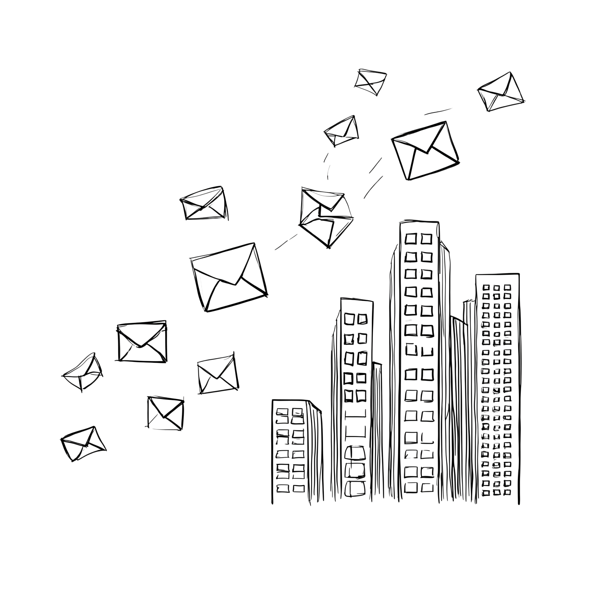 Schets van een stad met hoge gebouwen en enveloppen die door de lucht vliegen.
