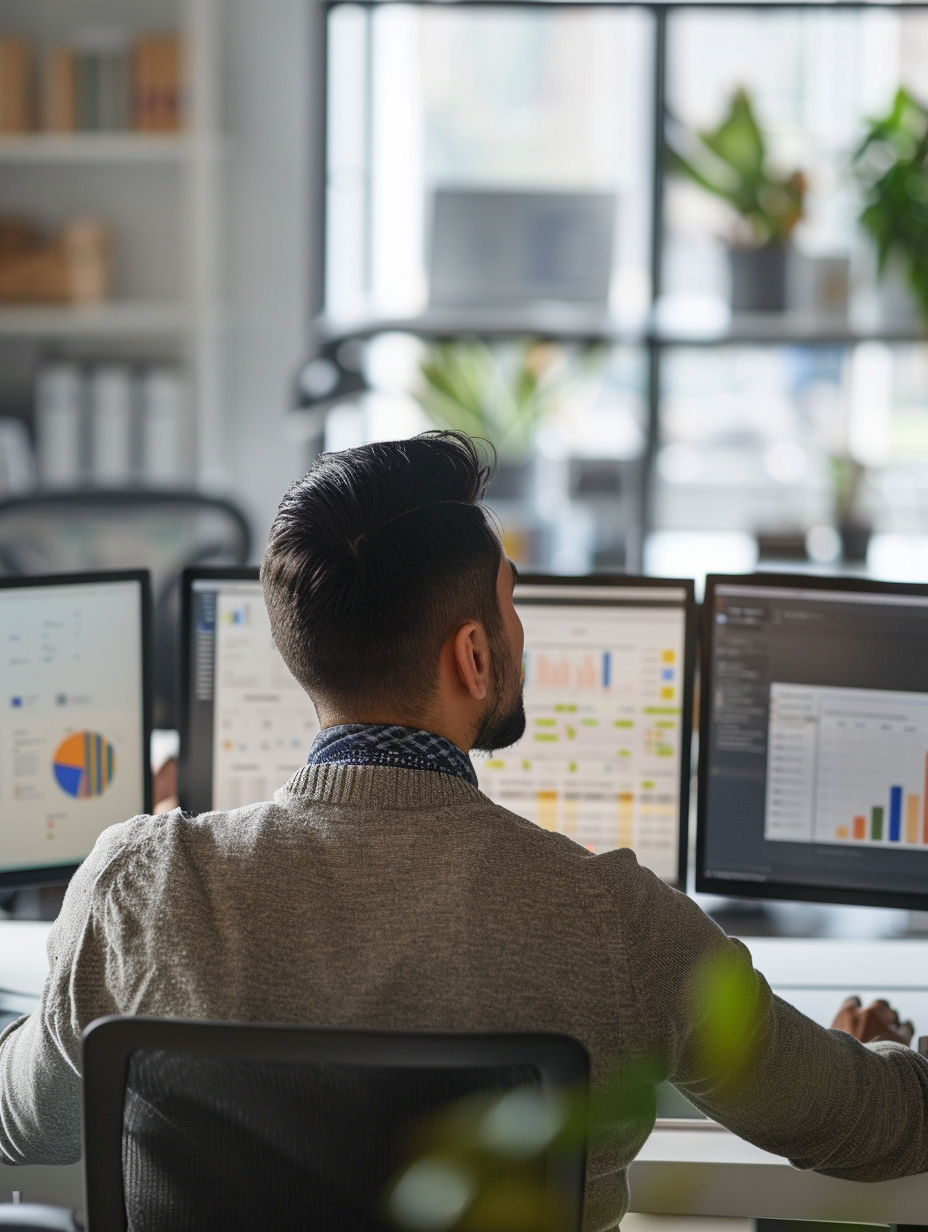 Man werkt op een kantoor met meerdere computerschermen die grafieken en tabellen weergeven.