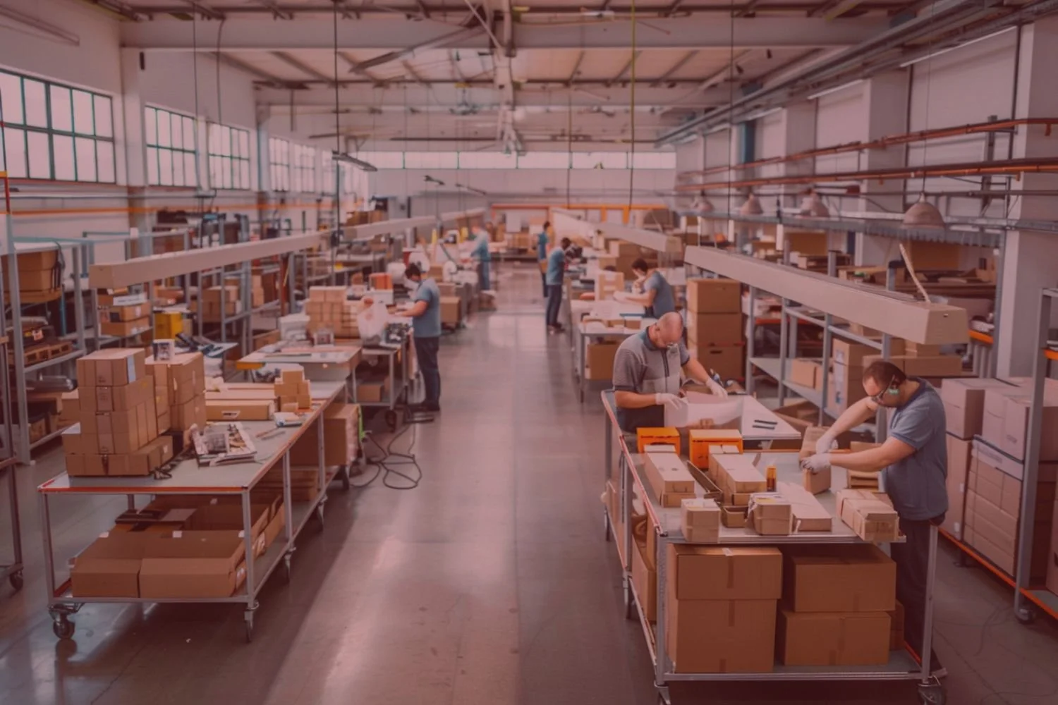 Binnen een magazijn of verwerkingsruimte, waarin mensen papieren en dozen maken, verpakken en sorteren, met werktafels en opslagrekken.