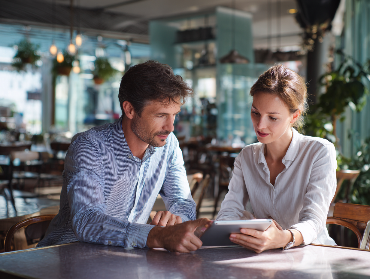 Twee mensen bekijken samen een tablet in een restaurant.