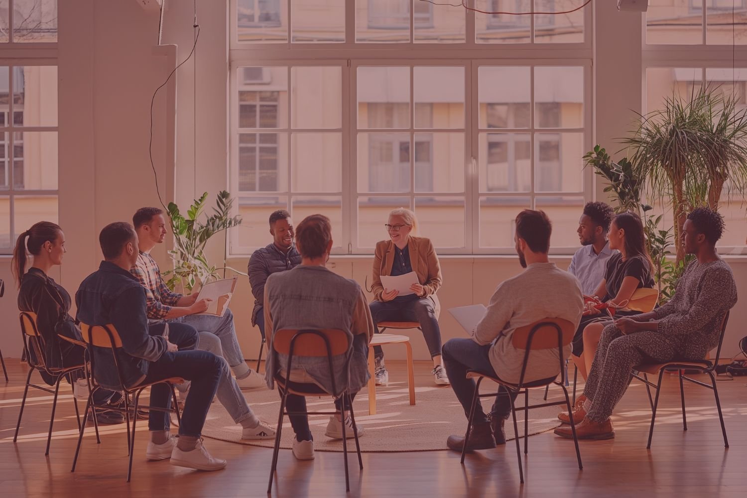 Een groep mensen zit in een kring tijdens een bijeenkomst in een lichte, ruim opgezette kamer met grote ramen en veel groen.
