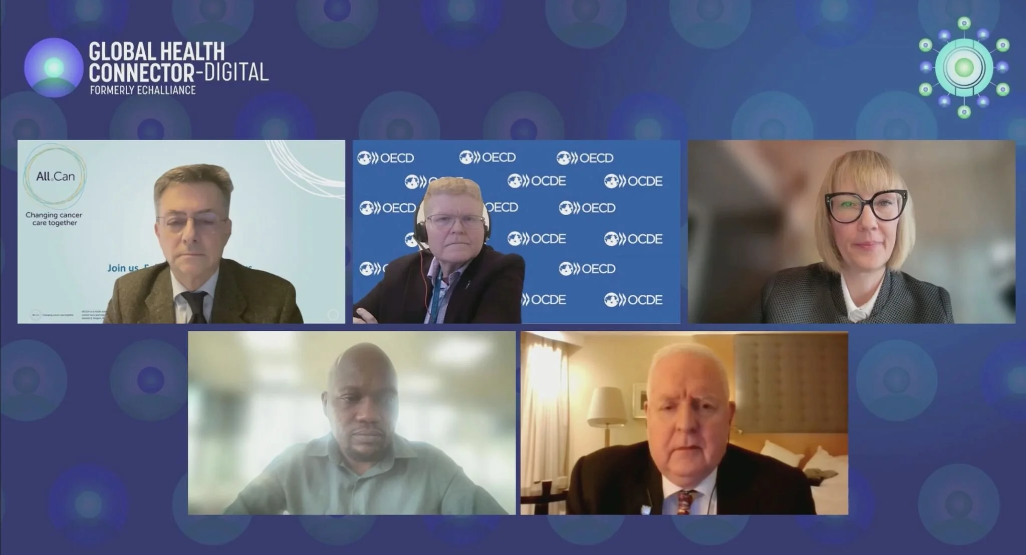 Virtuelle Paneldiskussion mit mehreren Teilnehmenden zu KI in der Onkologie auf einer Online-Plattform.