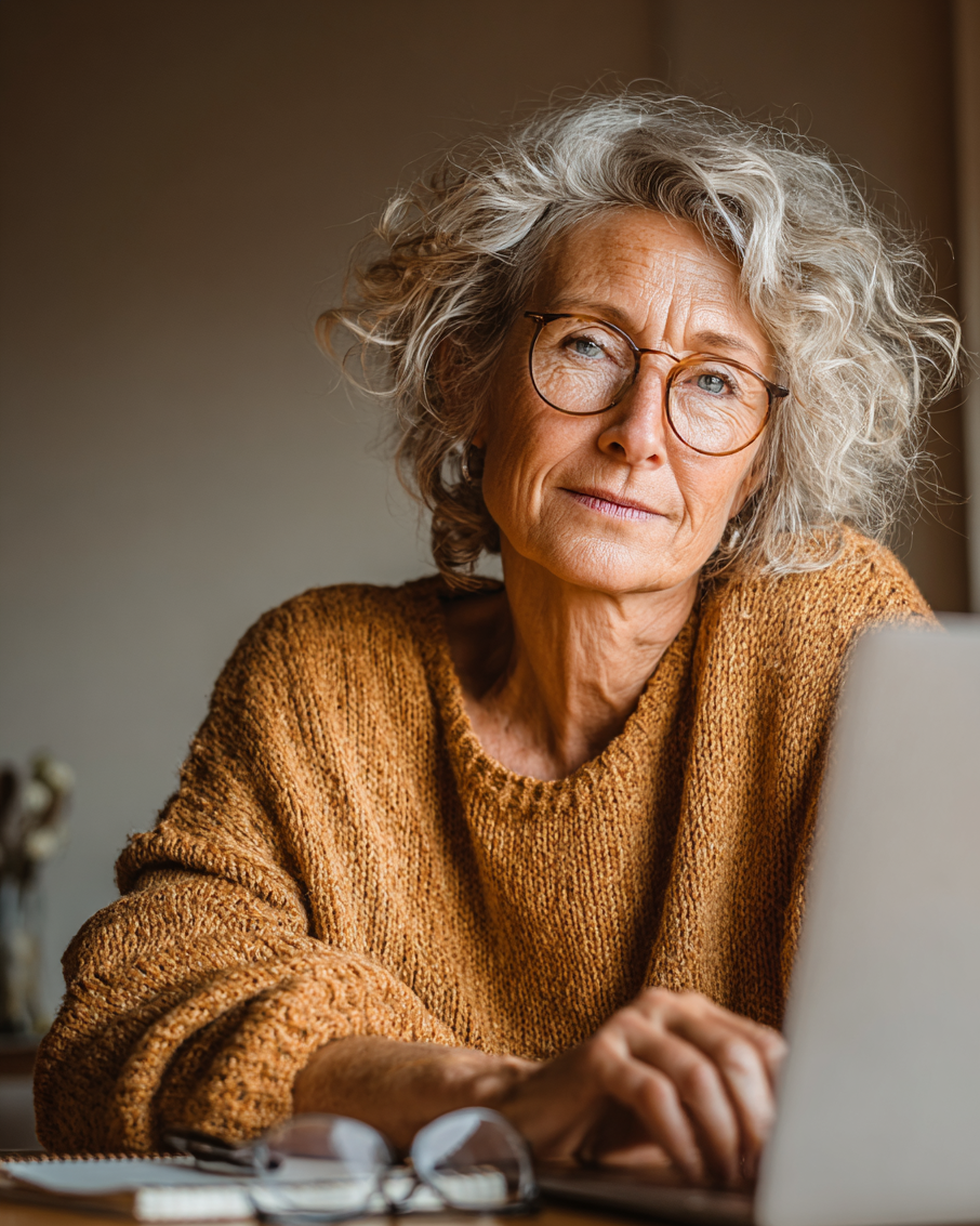 Ältere Frau arbeitet zu Hause am Laptop als Symbol für niedrigschwelligen Einstieg in digitale Unterstützung.