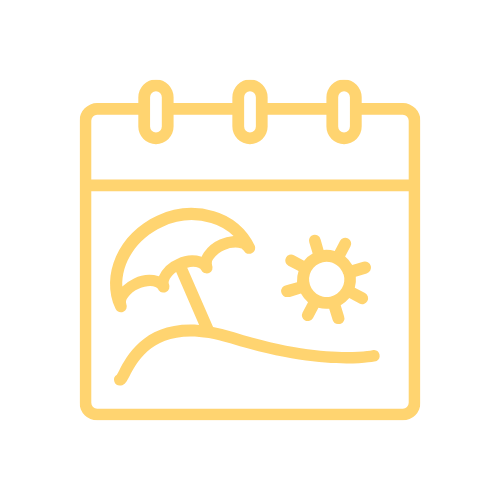 Icon of a calendar with a beach scene, umbrella, and sun.