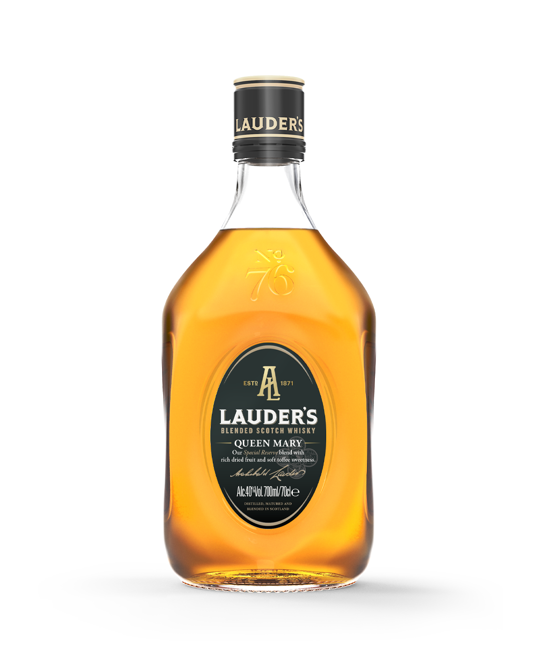 A bottle of Lauder's Queen Mary blended Scotch whisky with a black cap, orange-colored liquid inside, and a black label featuring gold and white text.