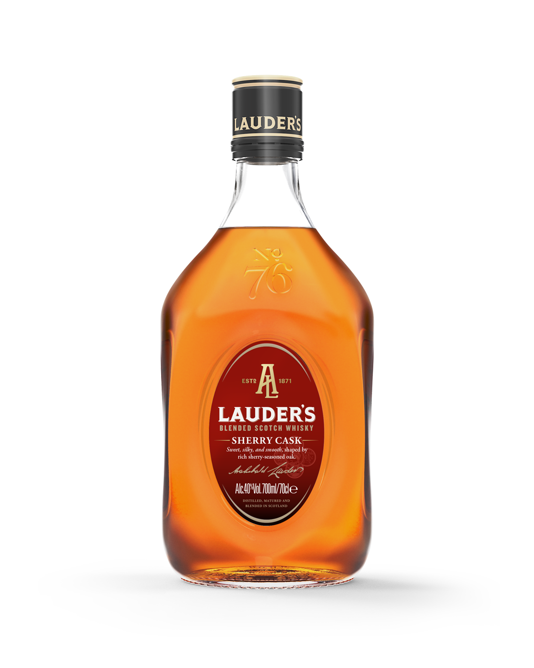 Bottle of Lauder's blended scotch whisky, Sherry Cask, with orange-colored liquid, black cap labeled Lauder's, and red label on the front.