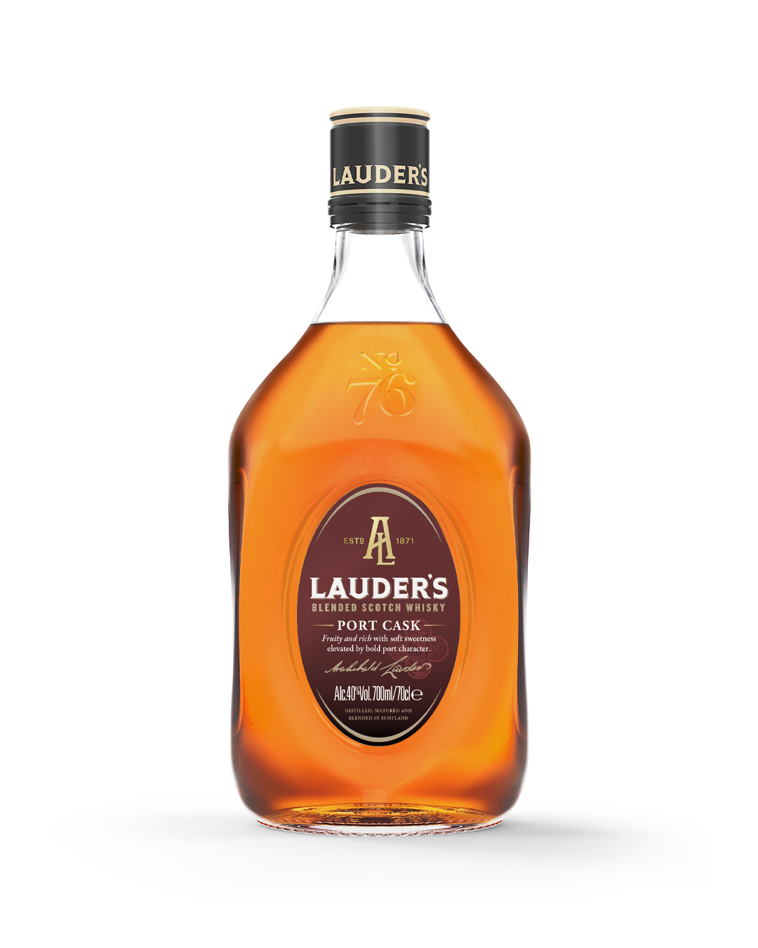 A bottle of Lauder's blended scotch whisky, Port Cask, with an amber-colored liquid inside, on a light-colored surface against a plain background.