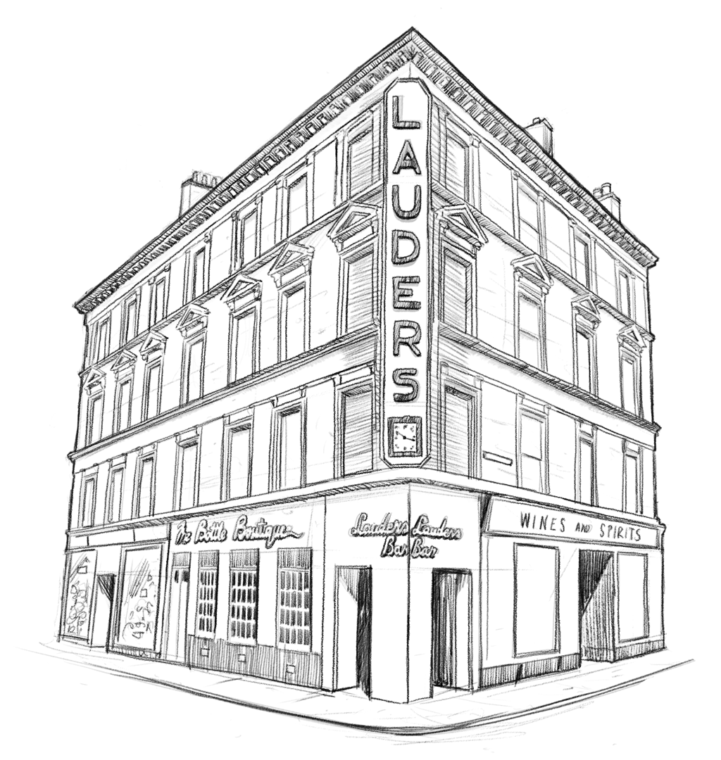 Outline drawing of a multi-story building with large windows, viewed from a corner angle.