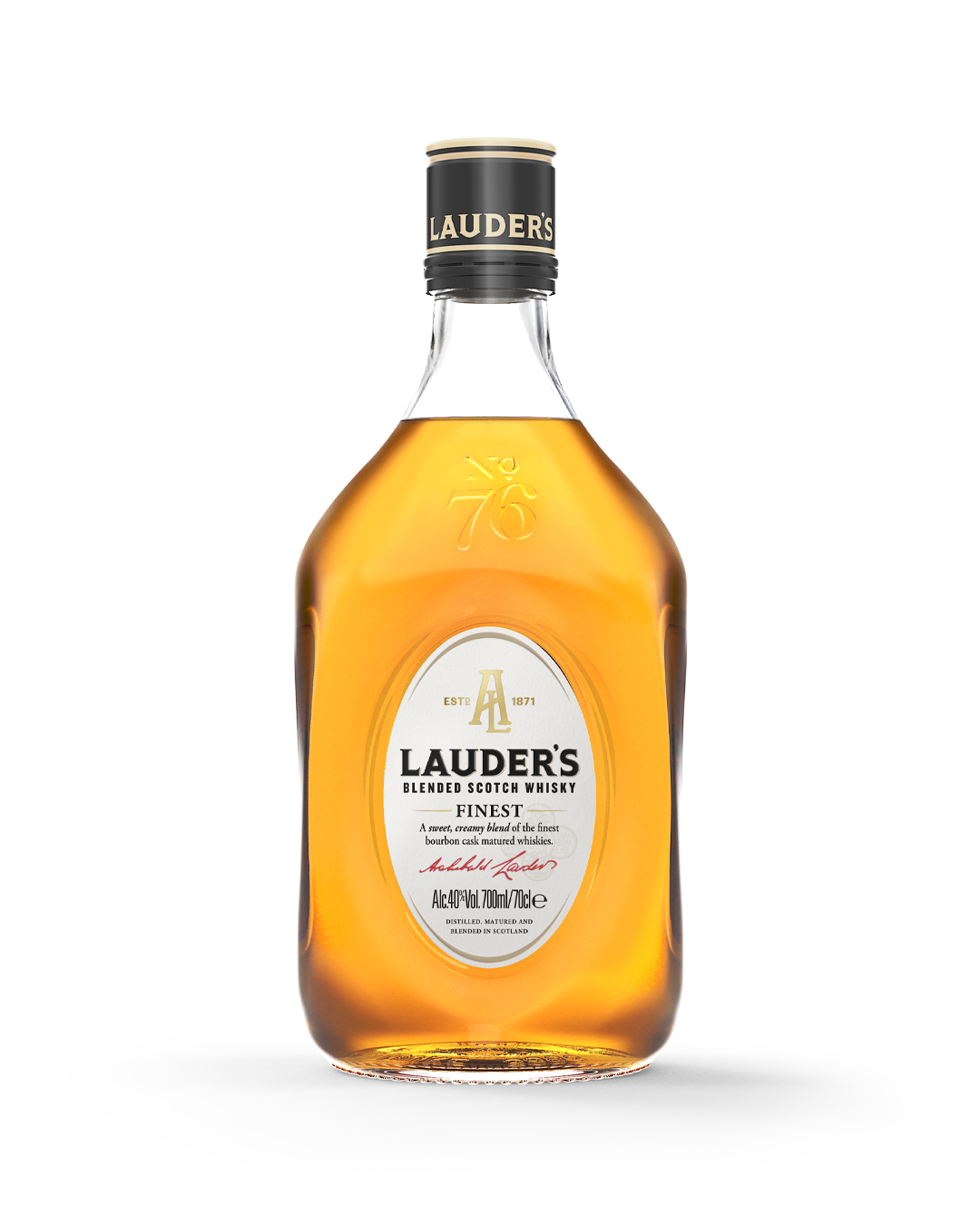 A bottle of Lauder's blended scotch whisky with a golden amber liquid inside, labeled as 'Finest', standing on a white surface with a black background.