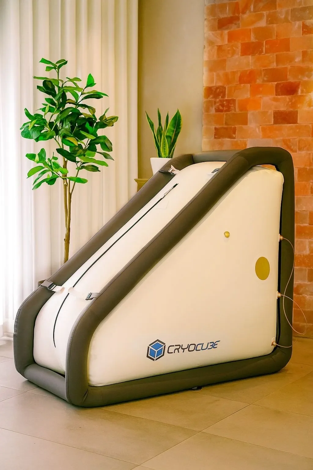 A cryotherapy machine labeled 'Cryocube' is placed indoors next to potted plants and a brick wall.