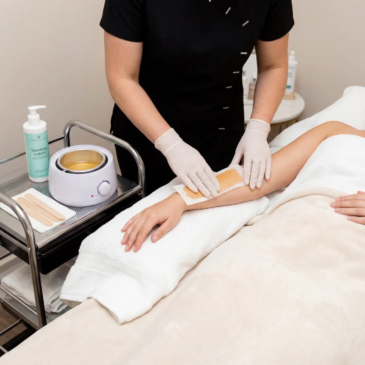 A person in black uniform is applying a wax strip to a patient's arm in a spa or salon setting, with waxing supplies on a nearby trolley.
