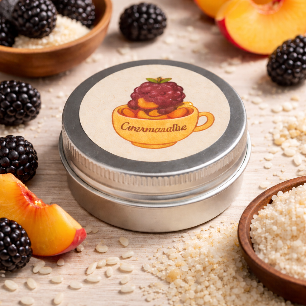 Une boîte métallique contenant un fondant parfumée avec une étiquette illustrée d'une tasse, entourée de mûres, de pêches et de poudre de riz.