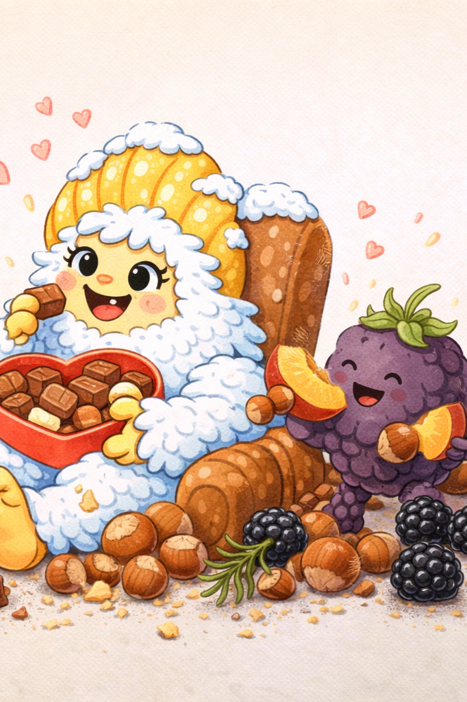 Une illustration colorée d'une créature mignonne en forme de mouton dessinée avec des textures de crème et de céréales, assise dans un fauteuil en bois entourée de fruits tels que des mûres, des noix, des morceaux de potiron, et un bol de chocolat, avec des cœurs flottants dans le fond.