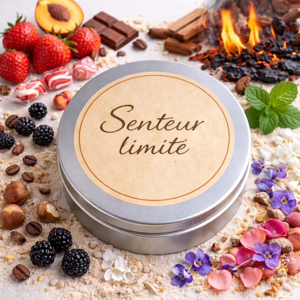 Coffret en métal avec l'inscription "Senteur limitée" entouré de fruits, fleurs, chocolat, et bois brûlé.