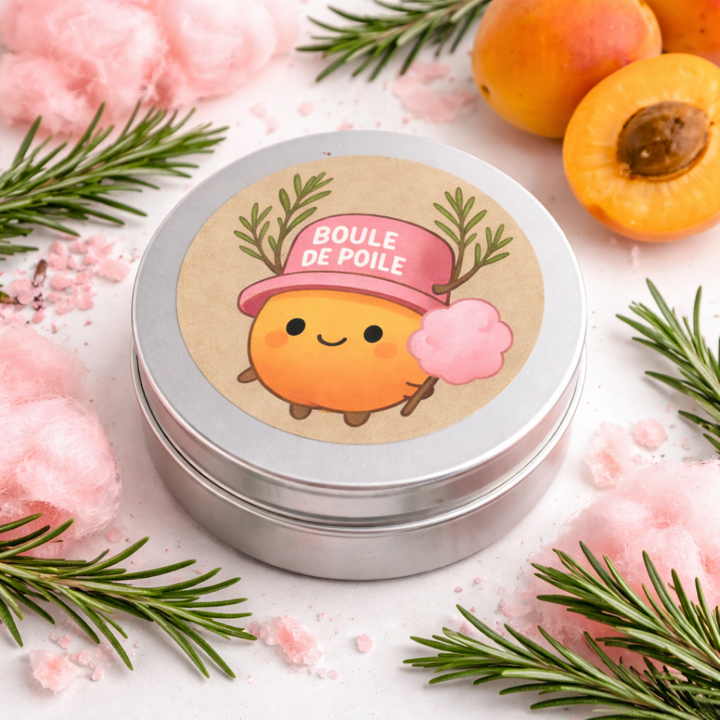 Boîte ronde avec un illustration d'un personnage mignon de couleur orange, portant un chapeau rose avec l'inscription « Boule de Poile » et des branches de sapin décoratives, entourée d'abricot, de coton rose et de branches de romarin.