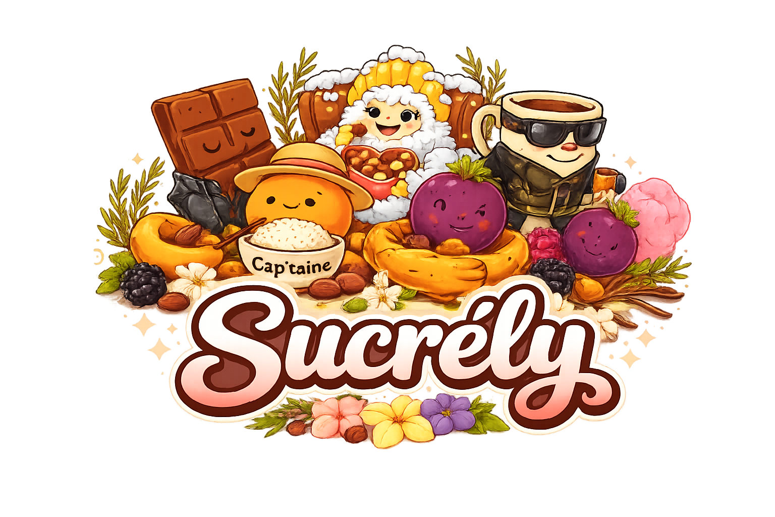Illustration colorée avec des personnages mignons et divers aliments, dont des fruits, du chocolat, une tasse de café, et des fleurs, autour du texte 'Sucrely' et 'Captaine'.
