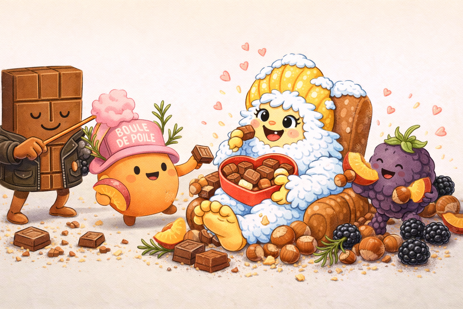 Des fruits anthropomorphes, une tablette de chocolat et d'autres douceurs sont rassemblés autour d'un adorable Yéti qui tient un cœur plein de chocolat